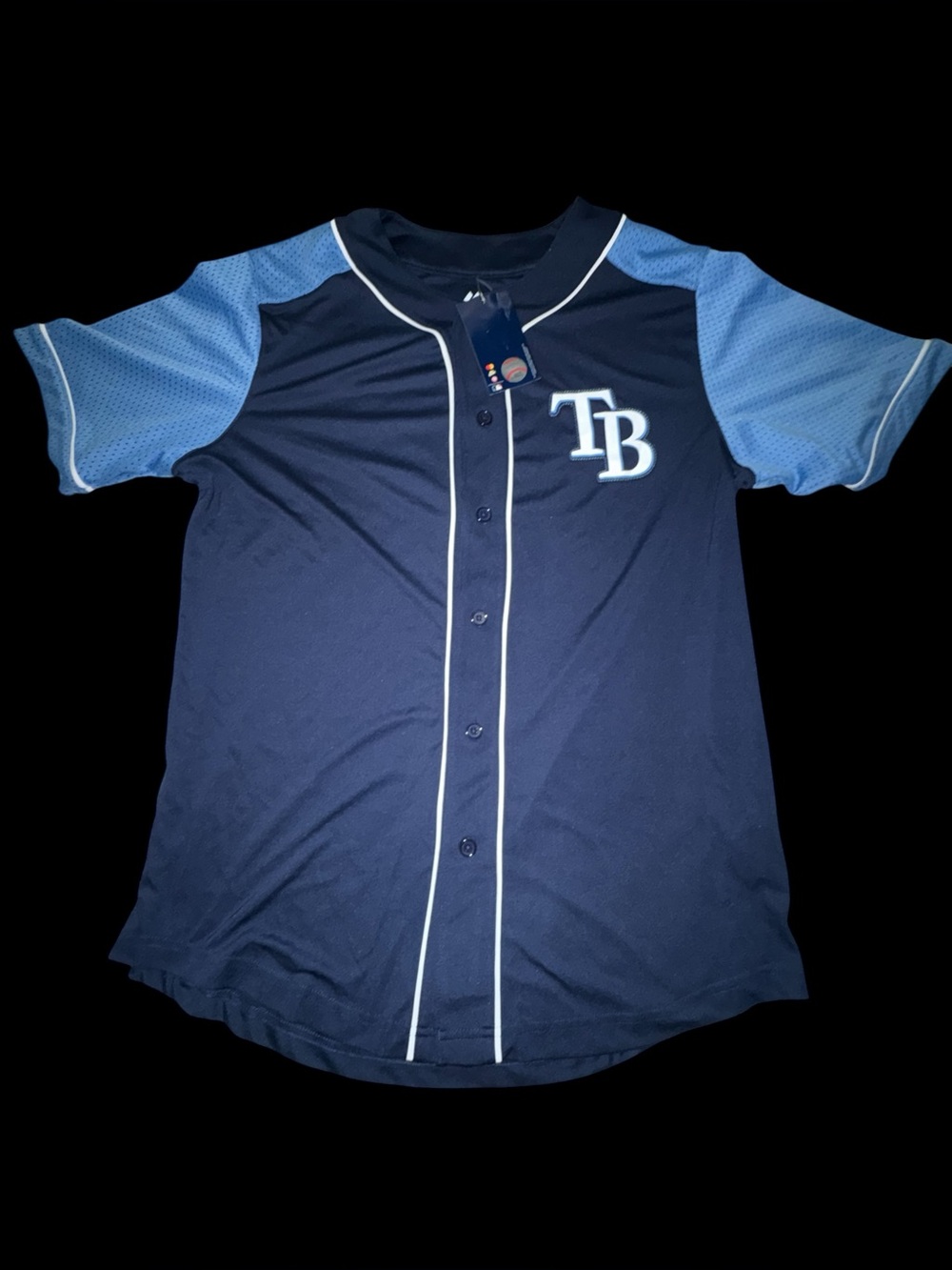 New men’s Majestic Blue Baseball Jersey with Light Blue Sleeves